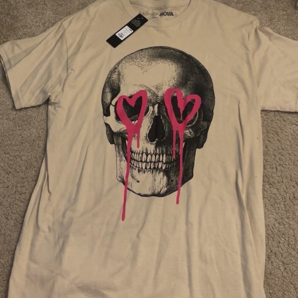 Fashion Nova Tan Skull Tee with Pink Accents